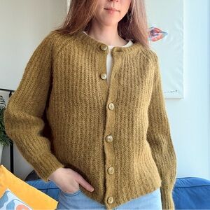 Sezane Moss Green Wool Blend Button Cardigan